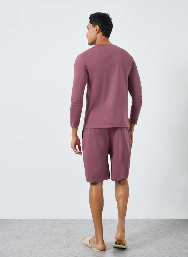 Styli  Men Purple Long Sleeve T-Shirt and Shorts Pyjama Set for Men | Best Price UAE